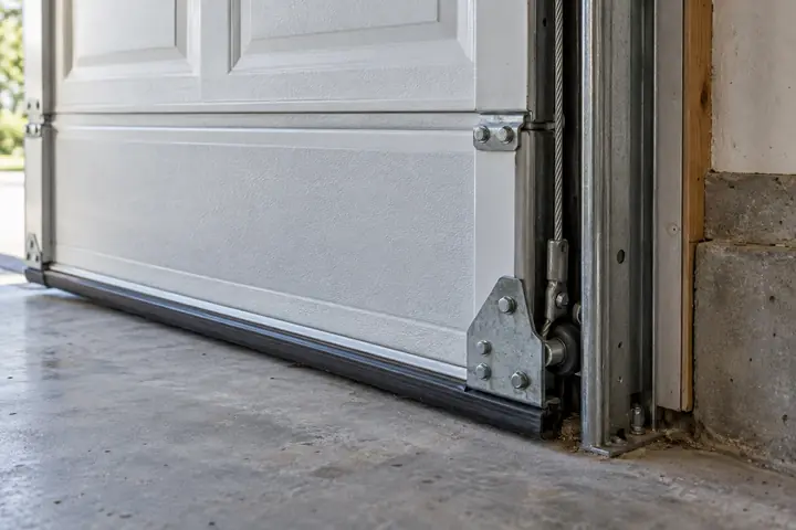 Bottom corner of a garage door showing the bottom bracket, lift cable and track