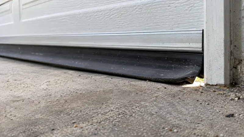 Close view of a garage door bottom rubber seal meeting the concrete floor