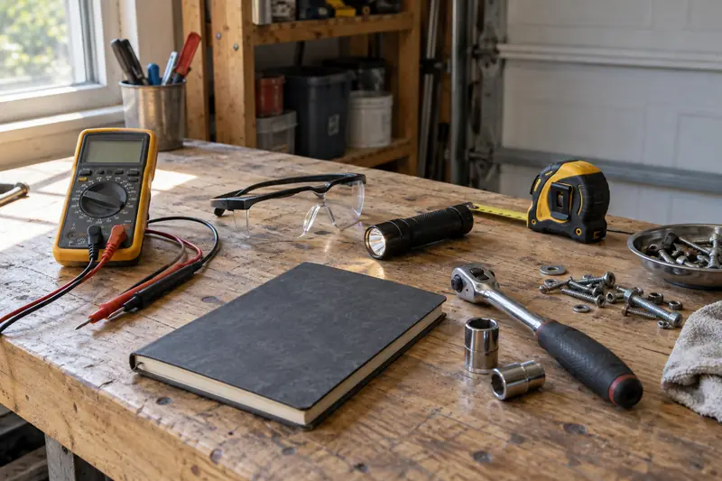 Garage door technician's diagnostic tools on a workbench: multimeter, flashlight, notebook and tape measure
