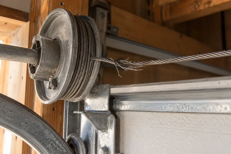Garage door cable drum with a frayed lift cable on the shaft above a garage door
