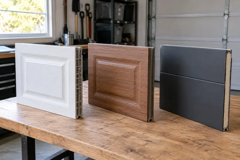 Three garage door panels in white, wood-look and charcoal on a workbench