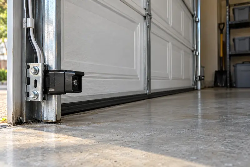 Photo-eye safety sensor mounted low on the track of a white garage door