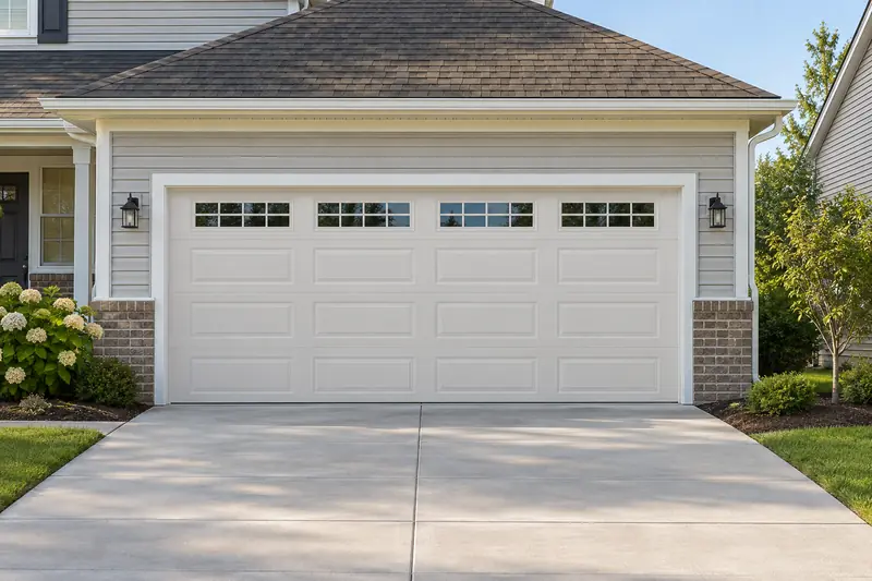 New white two-car sectional garage door with windows on a home with gray siding