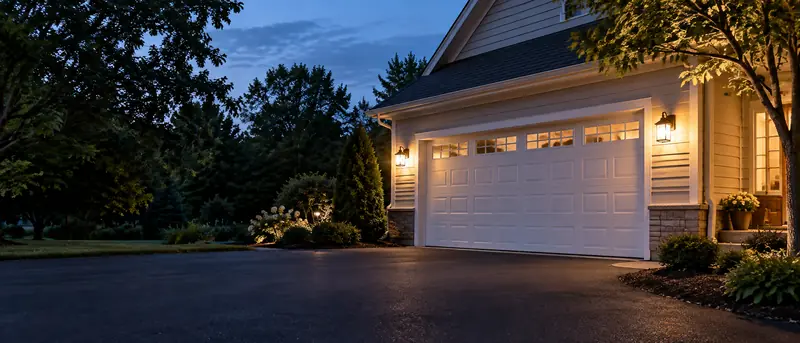 Two-story home with a white garage door and lit porch at dusk in Rockville, Maryland