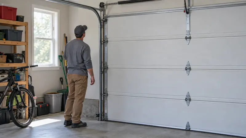 Technician inspecting the track and hardware of a white garage door inside a garage