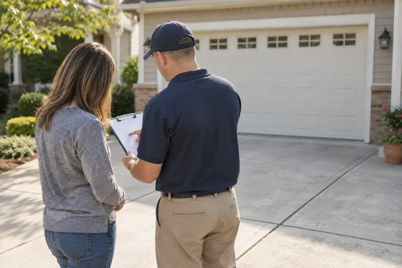 Technician reviewing repair options on a clipboard with a homeowner in a Rockville driveway